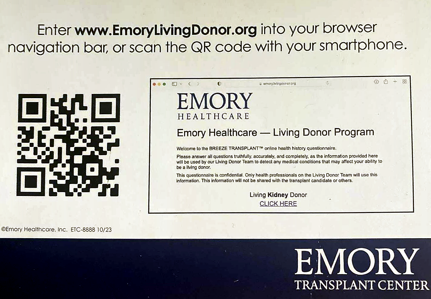 Emory Living Donor Program business card with contact information and QR code